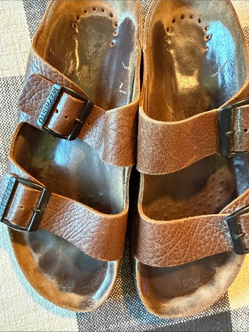 Mephisto Men's Brown Double-Strap Slide Sandals with Buckles
